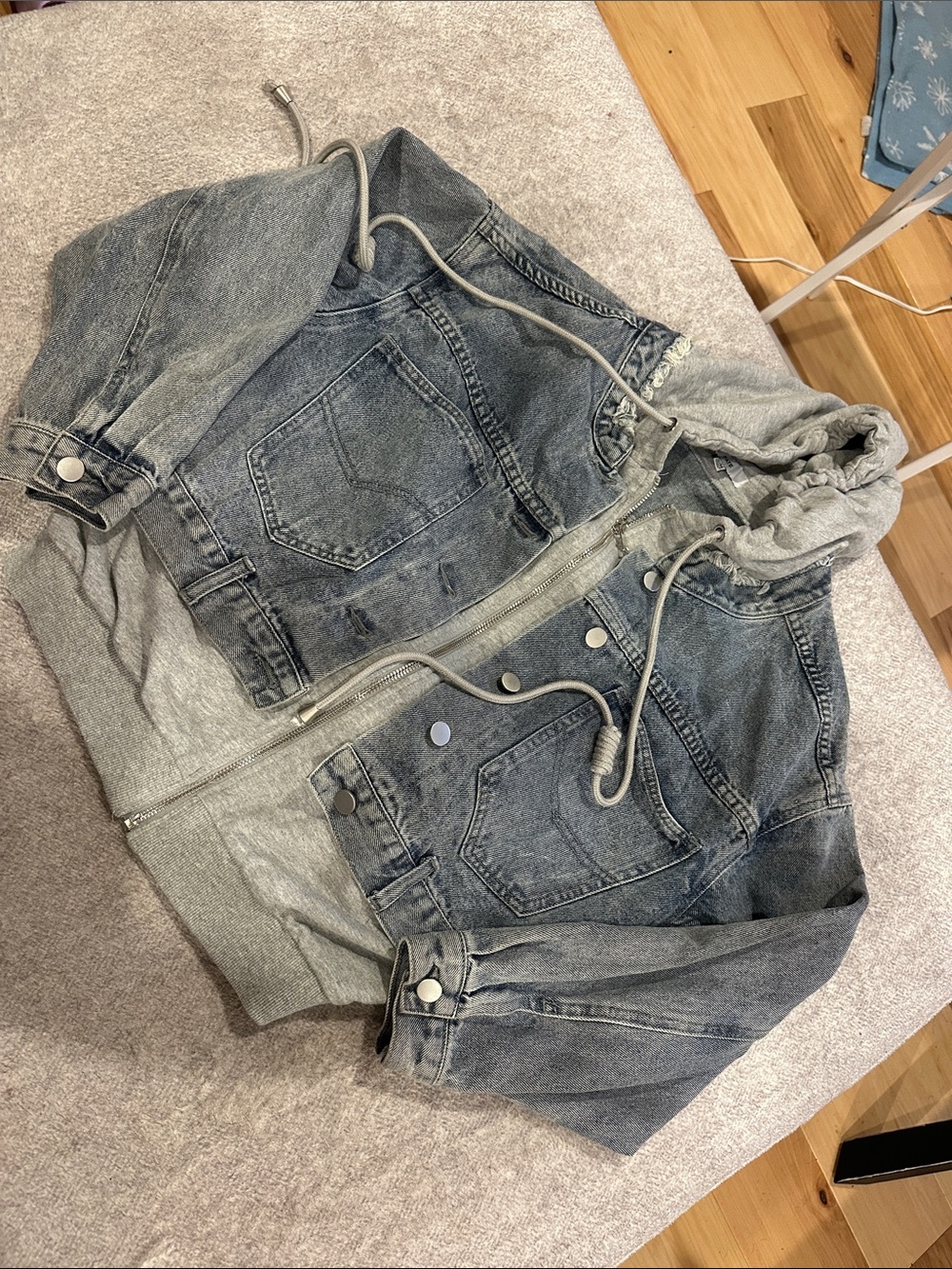 Fate Gray Denim Hooded Bomber Jacket